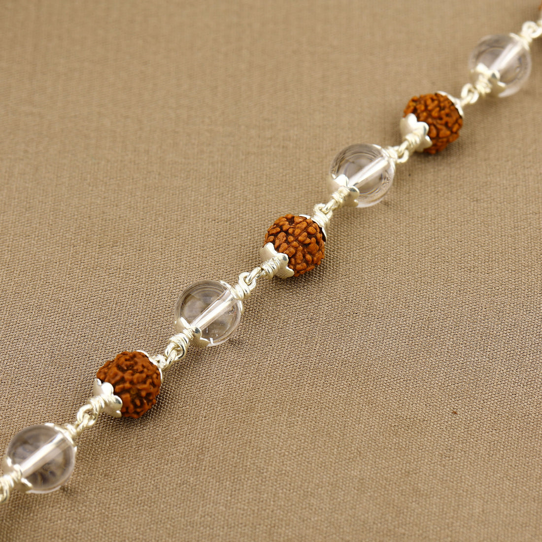 Rudraksha with Sphatik Diamond Cut Beads Silver Bracelet