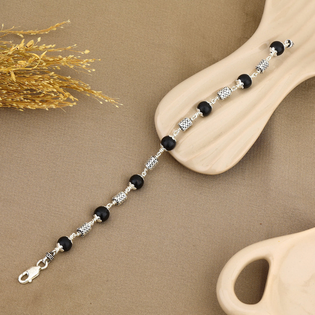 Authentic Karungali with Oval Filigree Beads Silver Bracelet