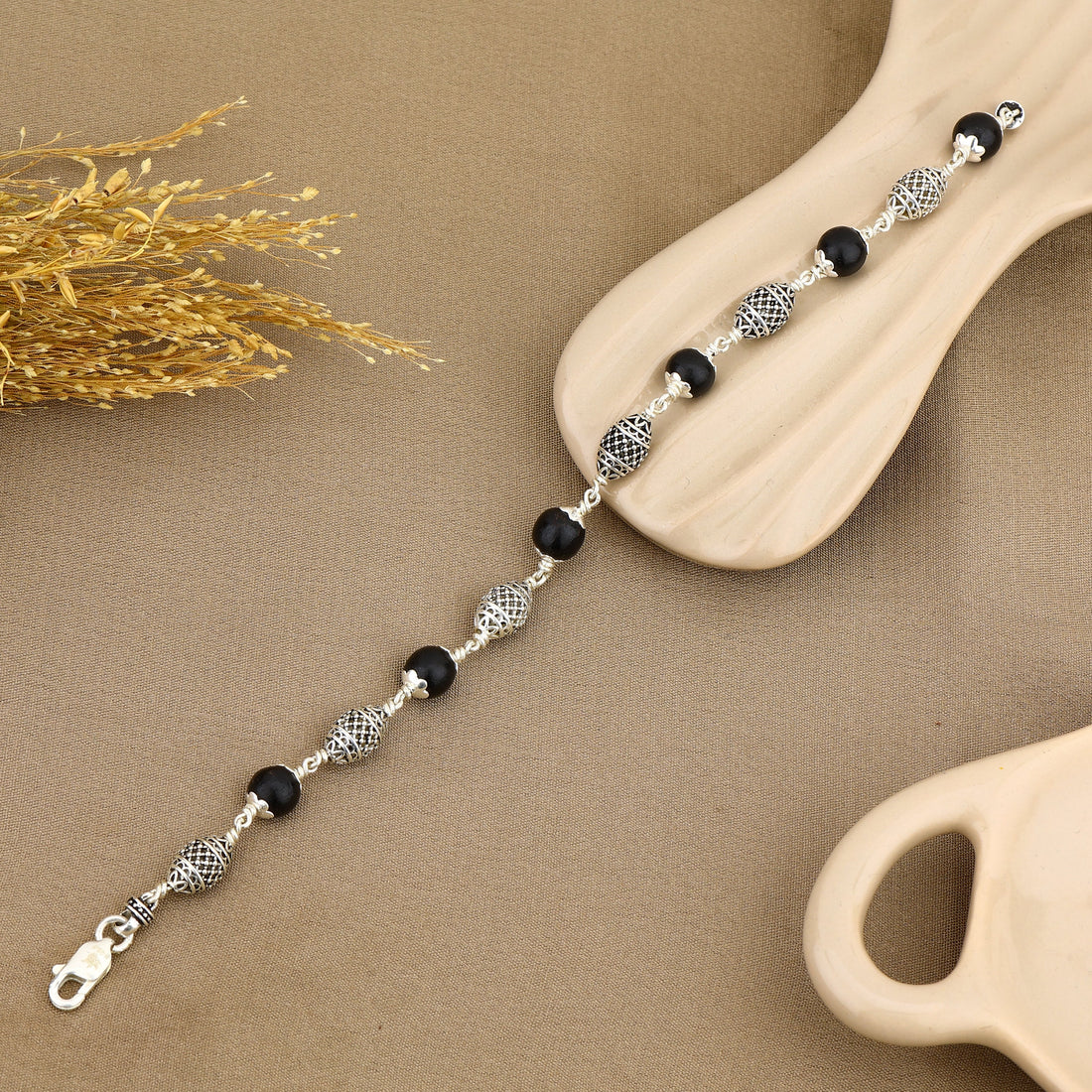Authentic Karungali with Cylindrical Silver Bracelet
