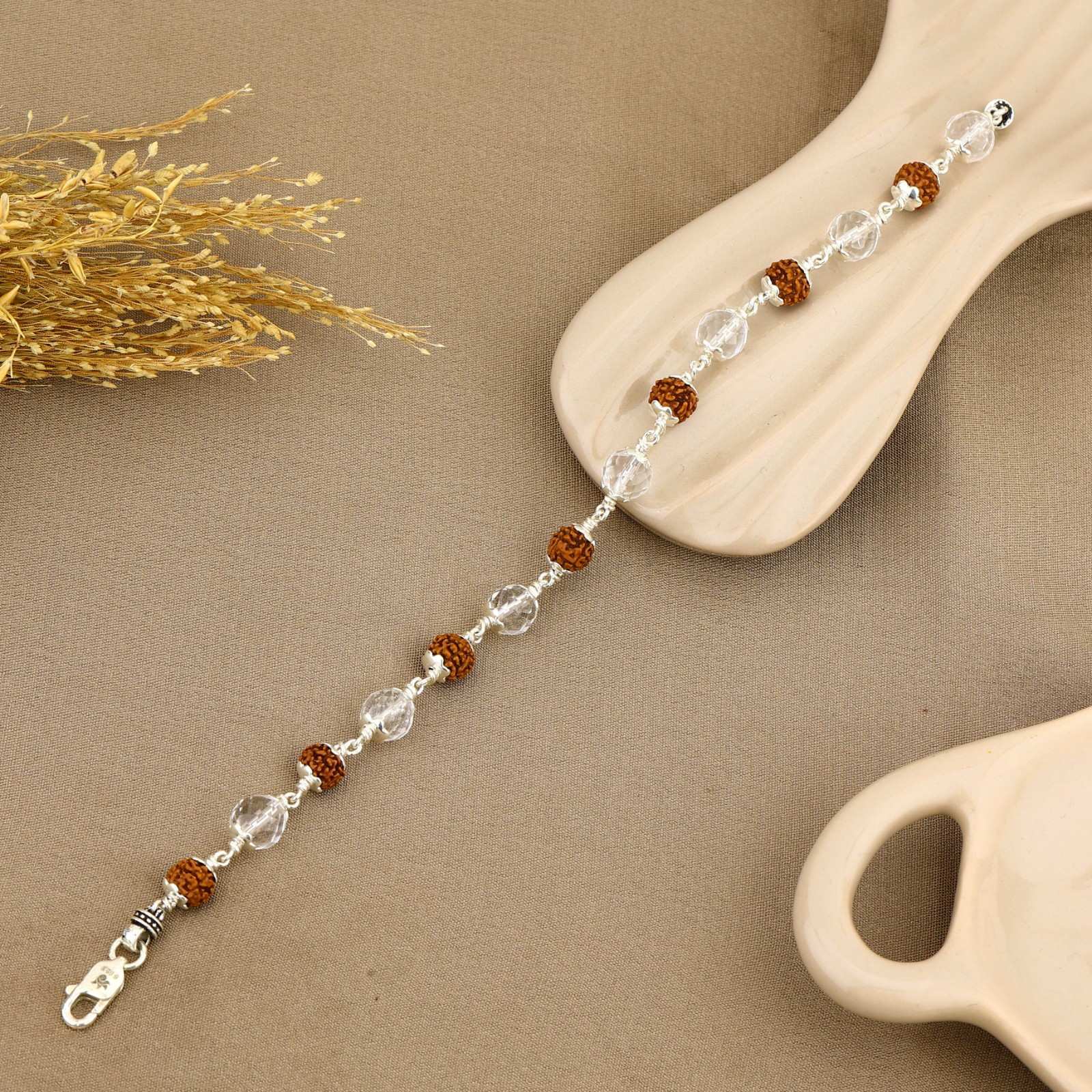 Rudraksha with Sphatik Diamond Cut Beads Silver Bracelet
