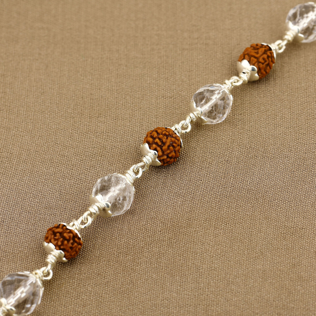 Rudraksha with Sphatik Diamond Cut Beads Silver Bracelet