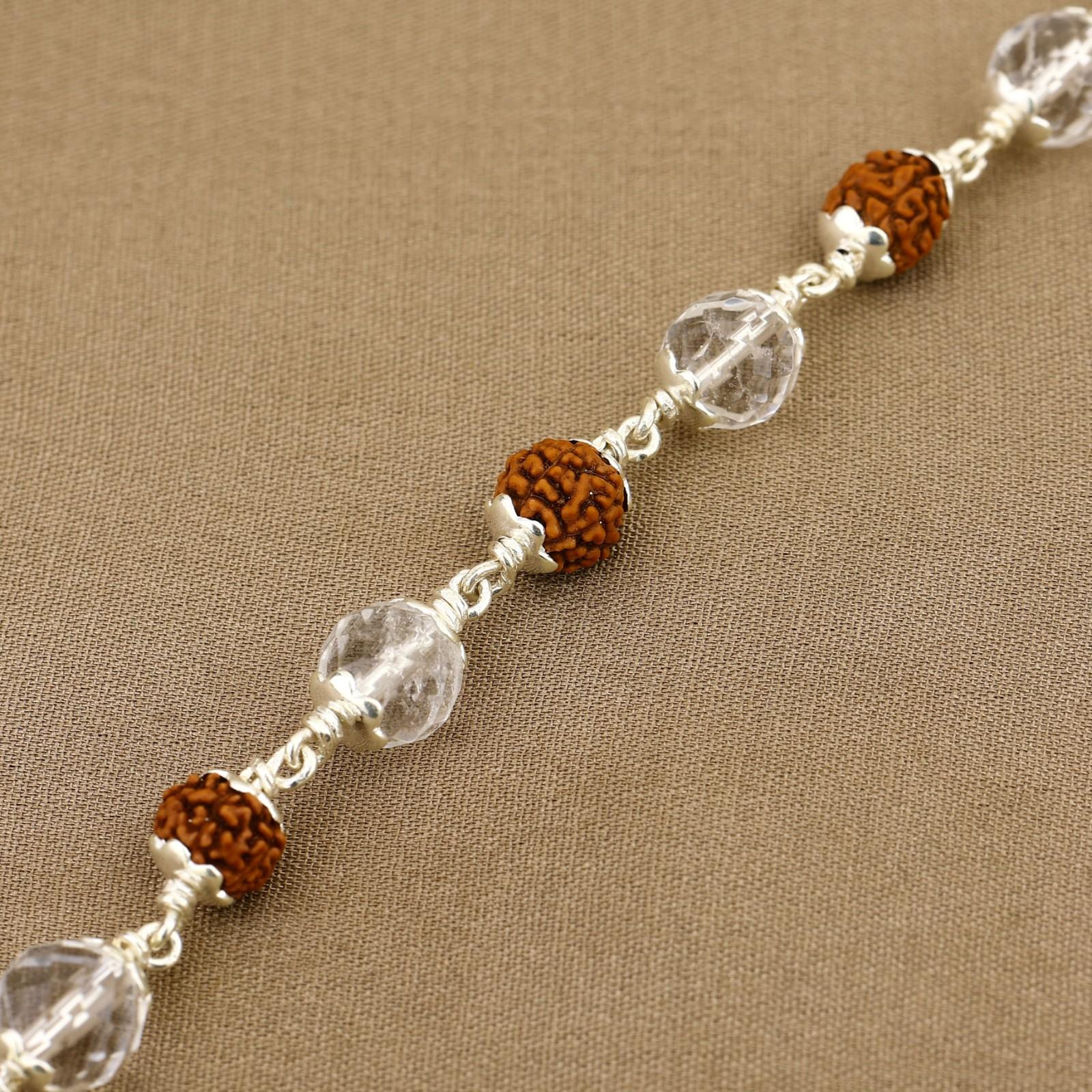 Rudraksha with Sphatik Diamond Cut Beads Silver Bracelet