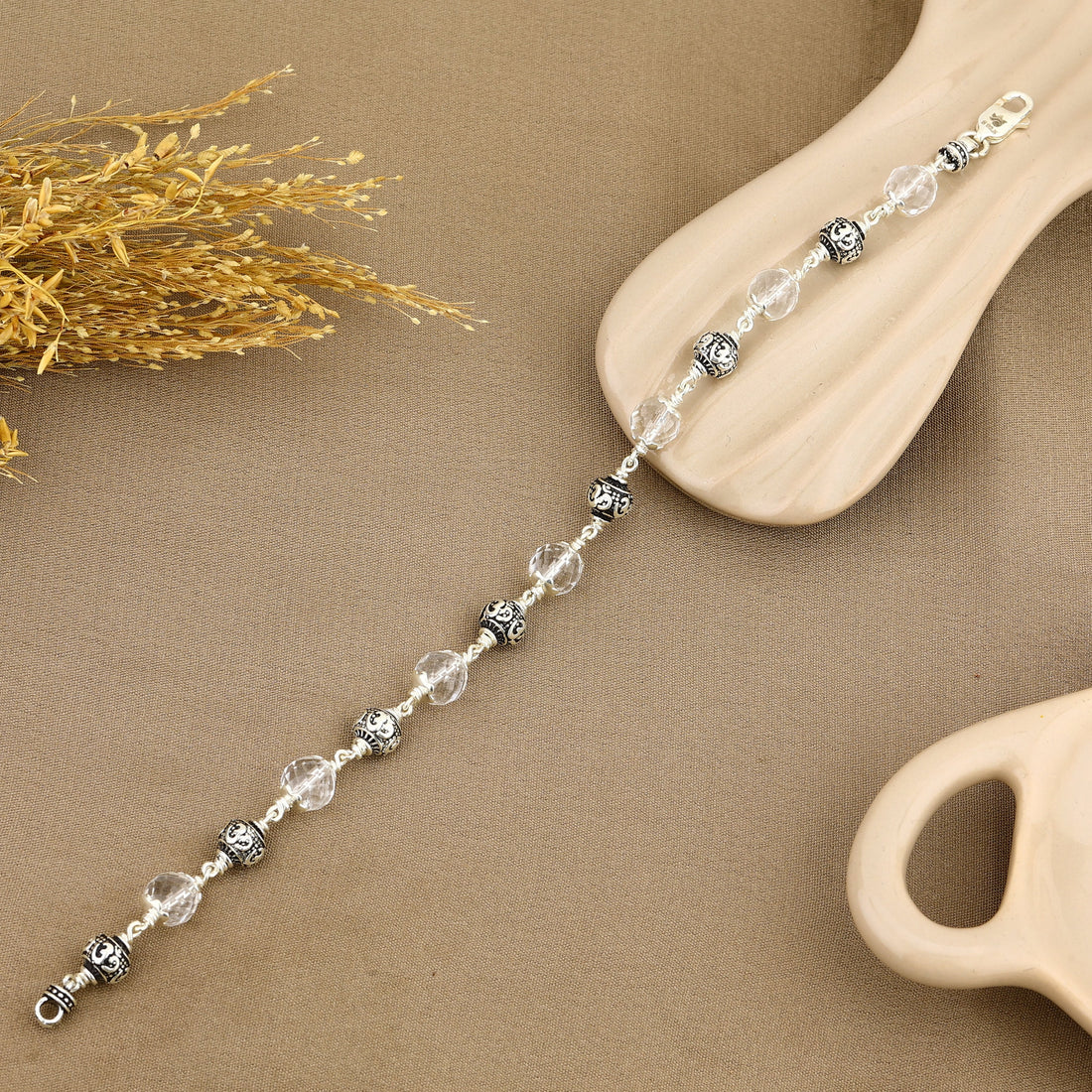 Authentic Sphatik Diamond Cut Beads With Om Silver Beads Bracelet