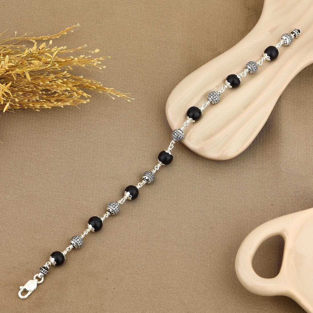 Authentic Karungali with Heavy Bead Silver Bracelet