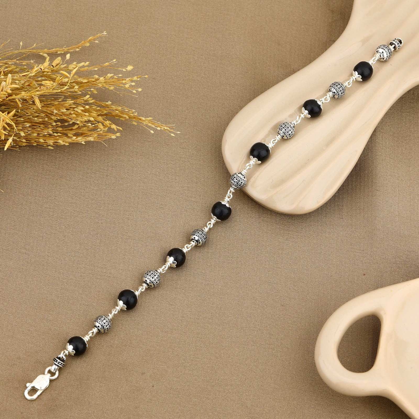 Karungali with Heavy Bead Silver Bracelet