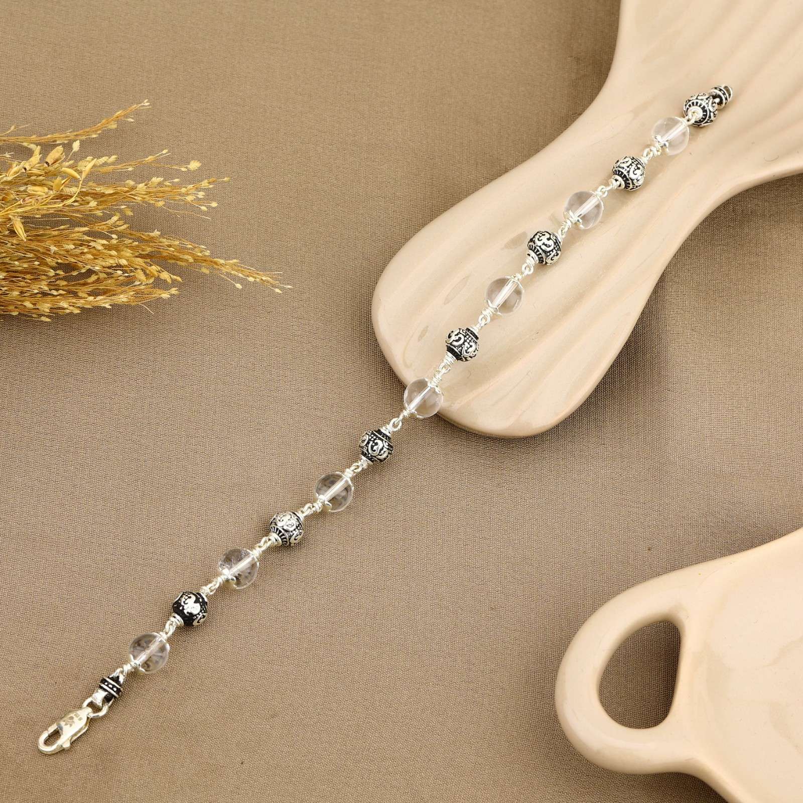Sphatik with Om Silver Beads Bracelet