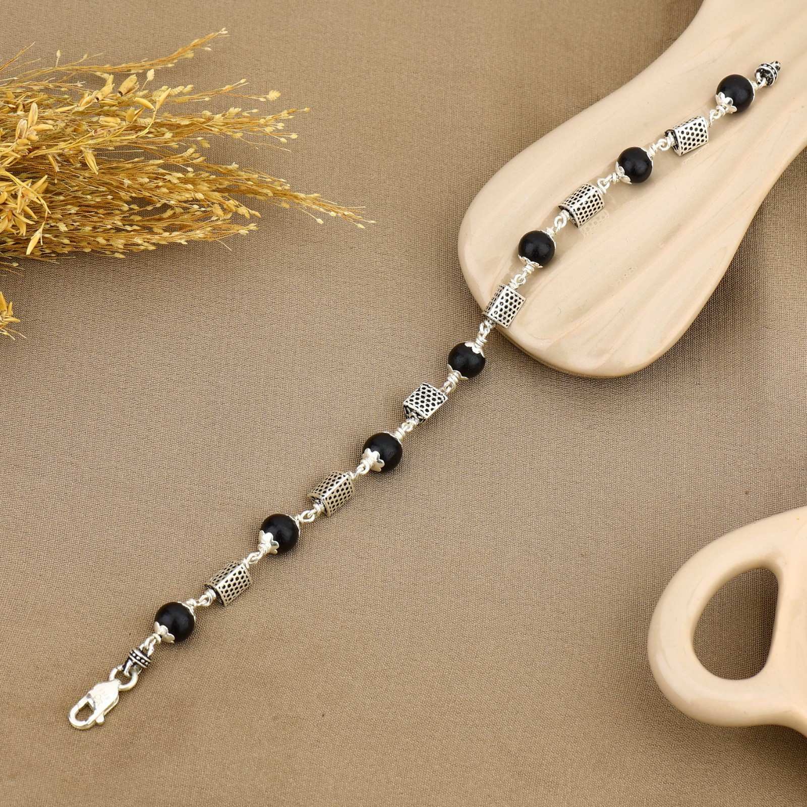 Karungali with Triangle Beads Silver Bracelet