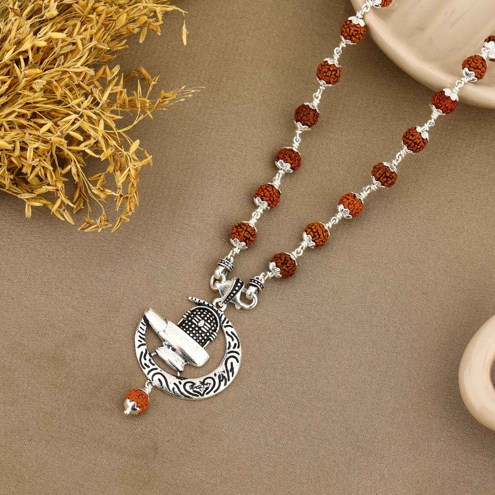 Shiva Trishul with Moon Rudraksha Silver Pendant