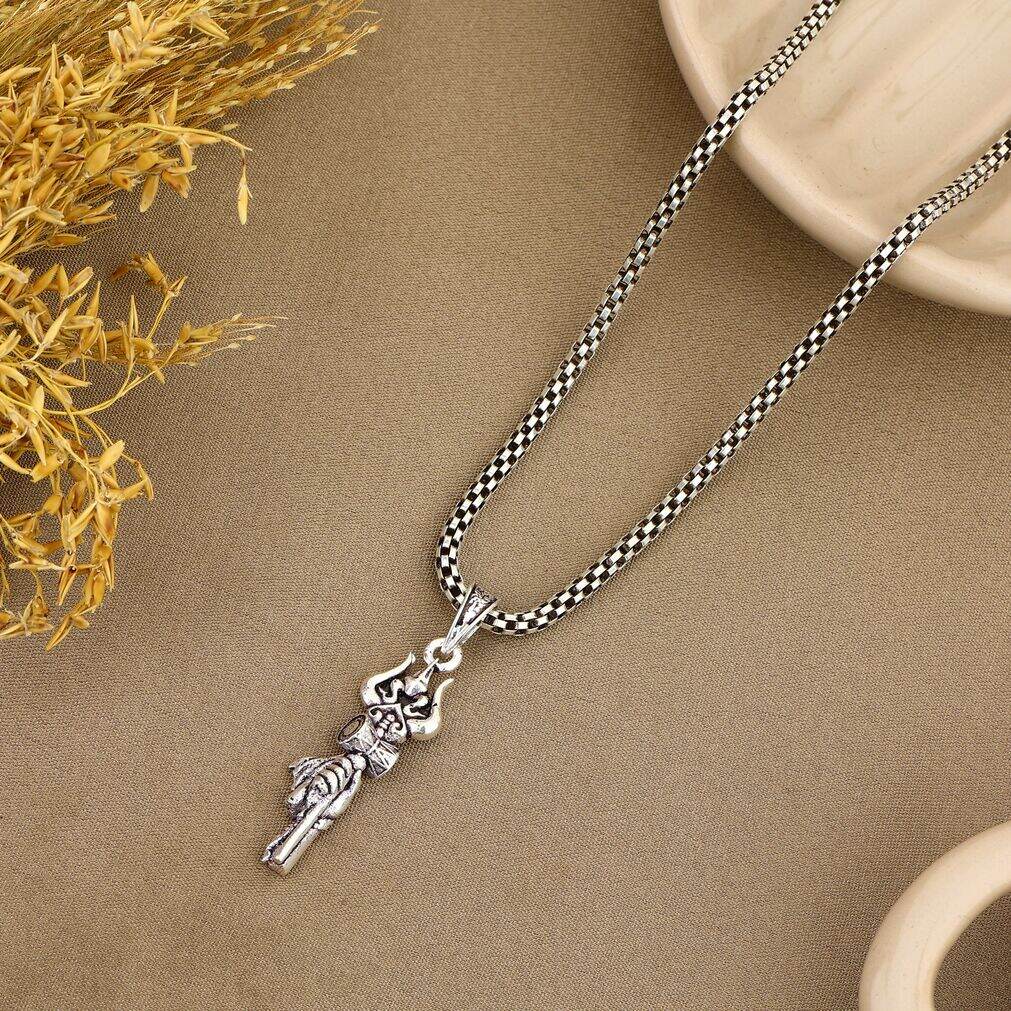 Trishul Damru Silver Pendant With Chain