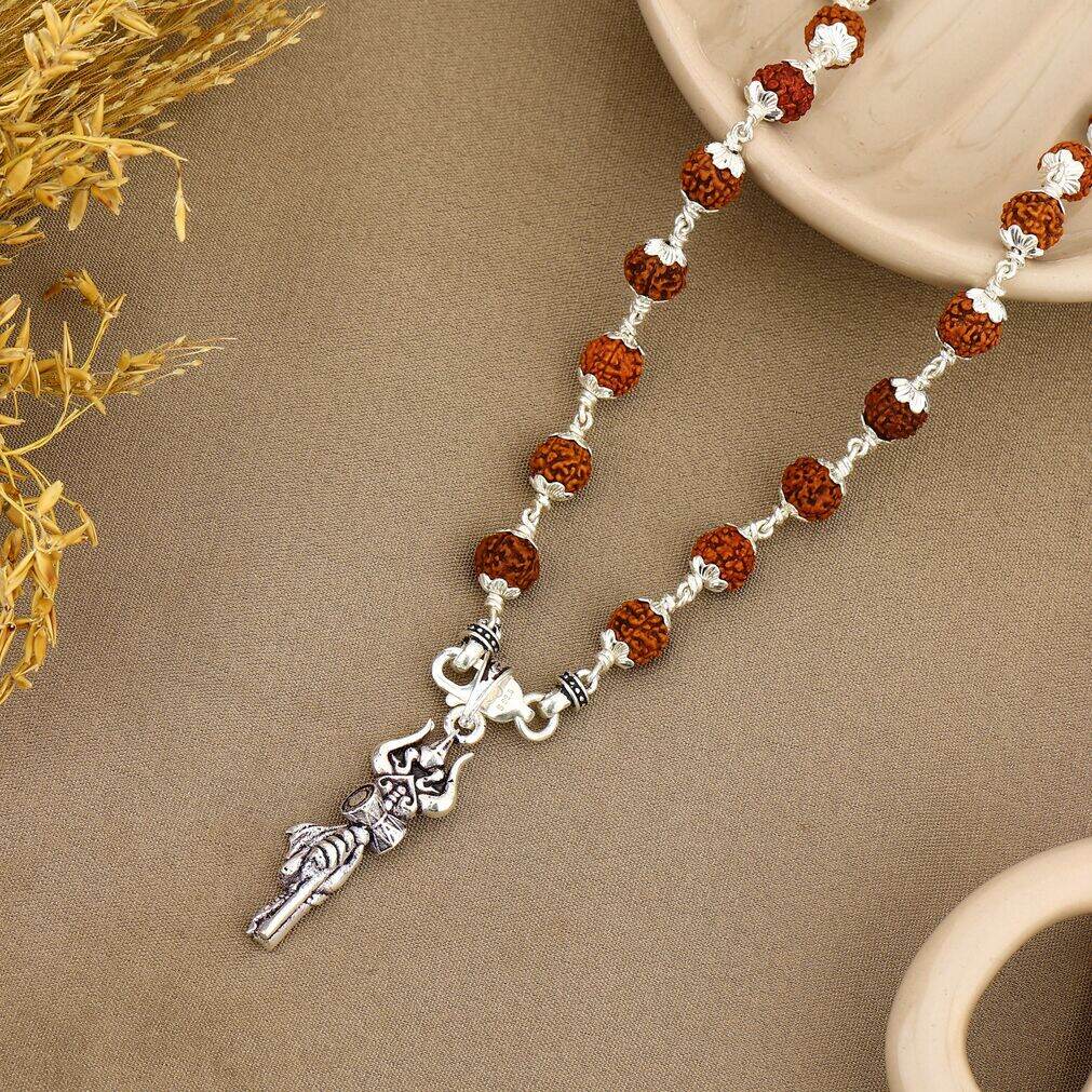 Trishul Damru Silver Pendant With Rudraksha Mala