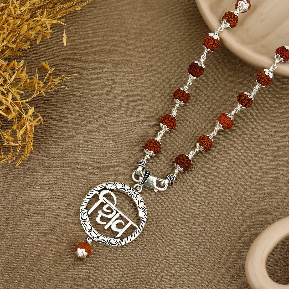 Shiva Script Silver Pendant with Rudraksha beads