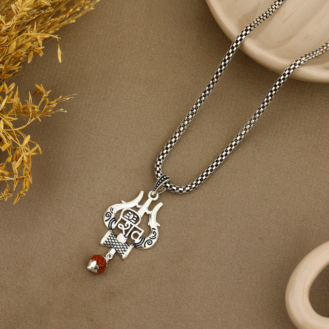 Shiva Trishul Damru with Rudraksha Silver Pendant