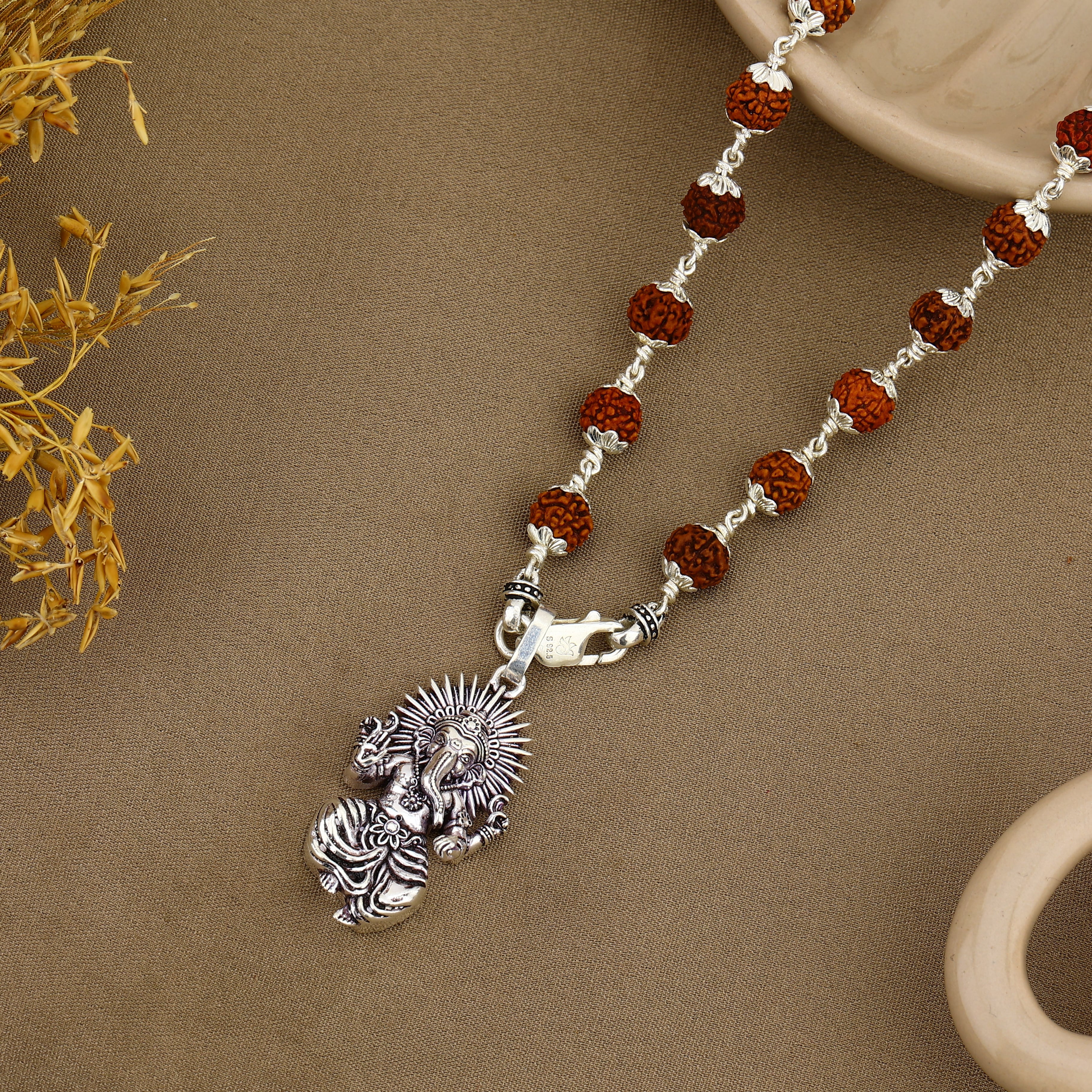 Shree Ganesha Silver Pendant with Rudraksha Beads