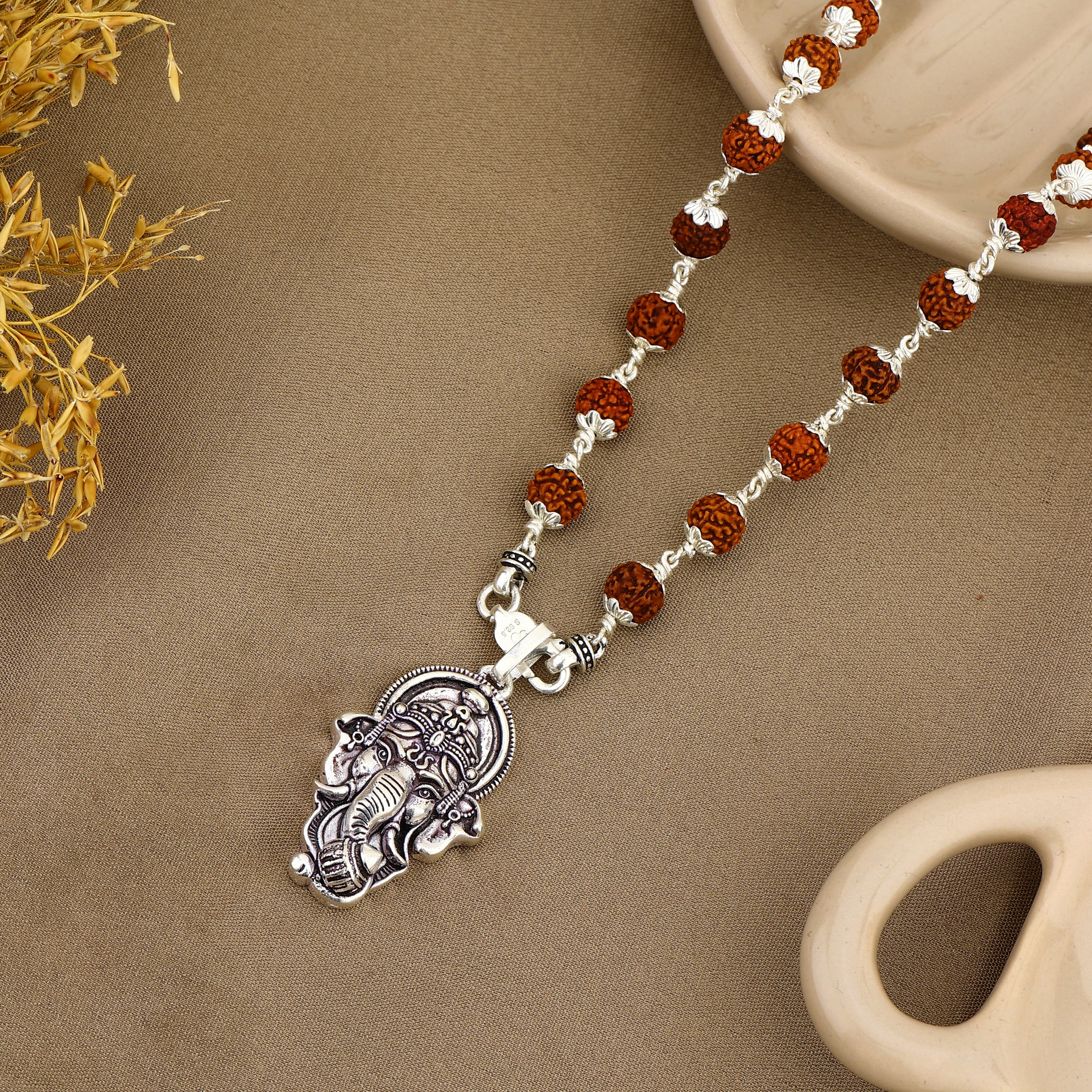 Lord Ganesha Silver Pendant with Rudraksha Beads