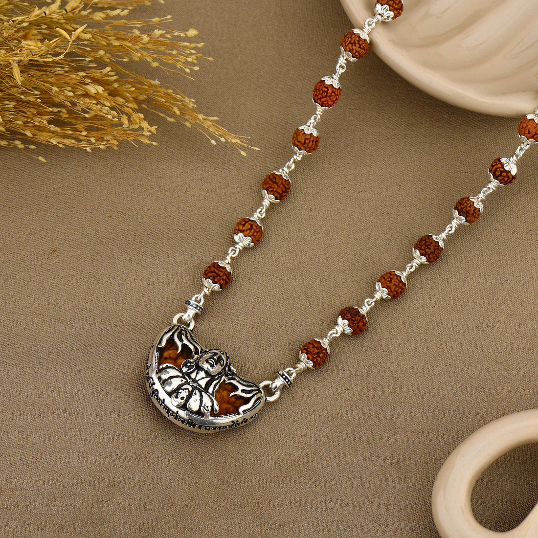 1 Mukhi Rudraksha with Adiyogi Silver Cap Pendant and rudraksha mala