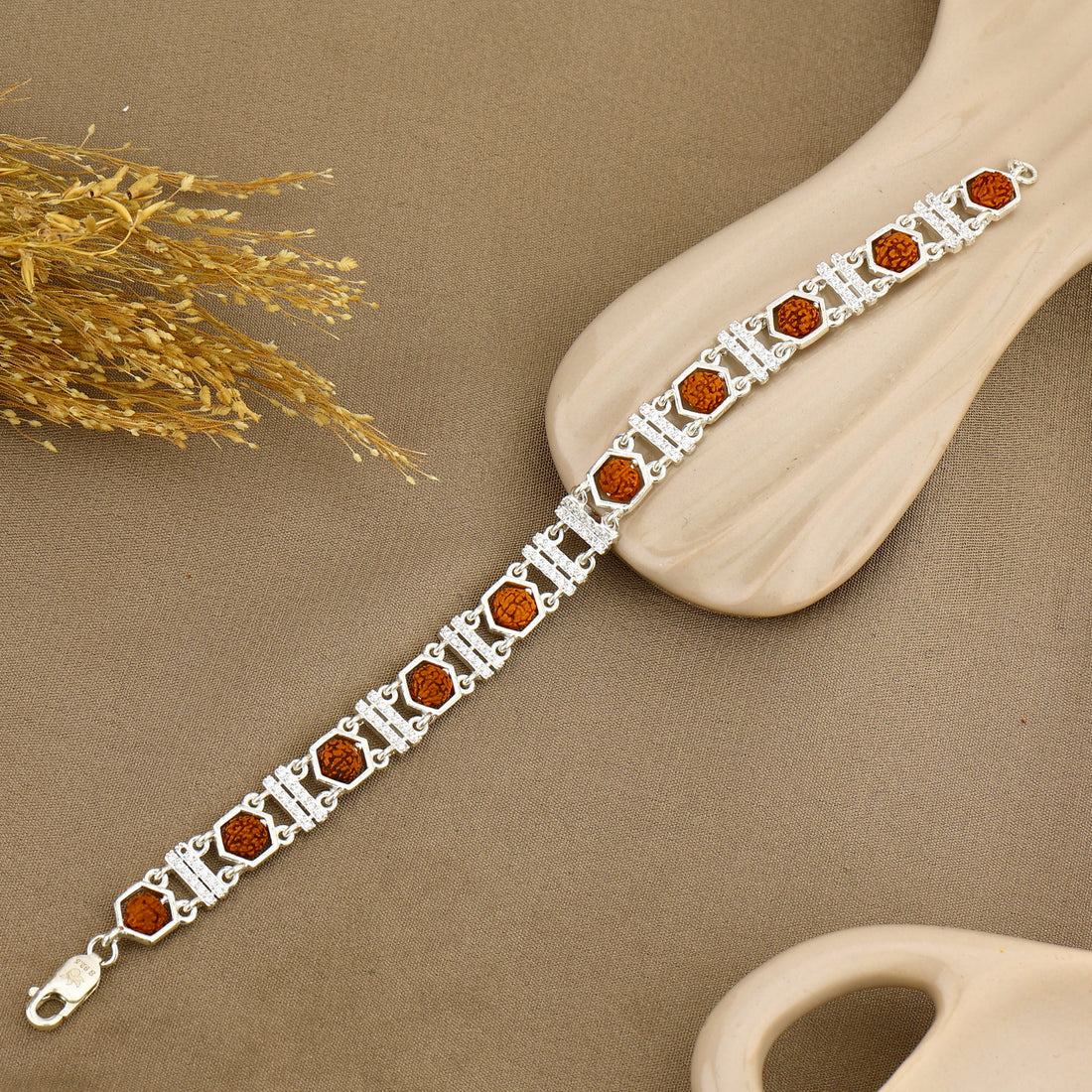 Authentic Rudraksha Silver Bracelet with Hexa Frame Double Bars