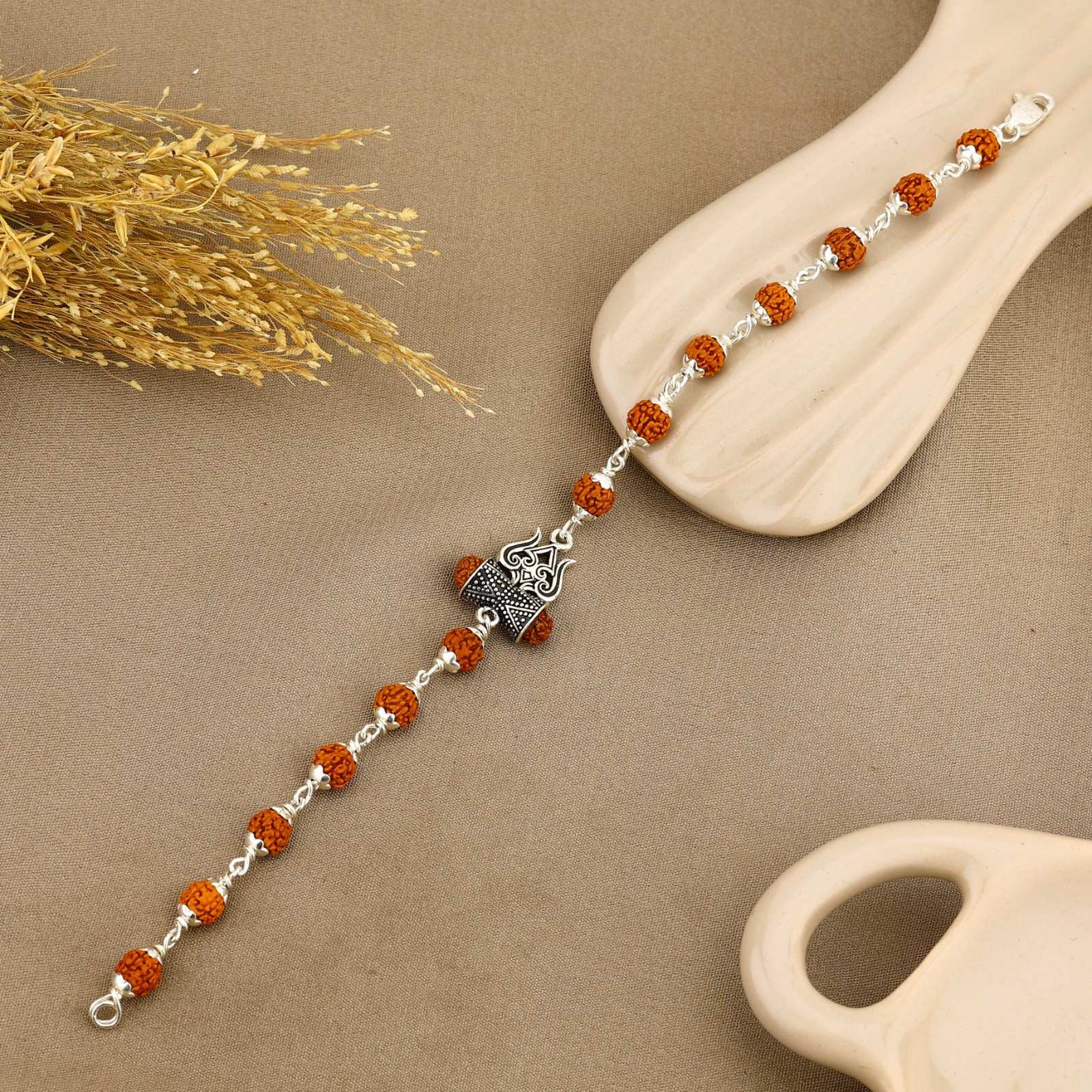 Authentic Rudraksha Silver Trishul Damru Bracelet