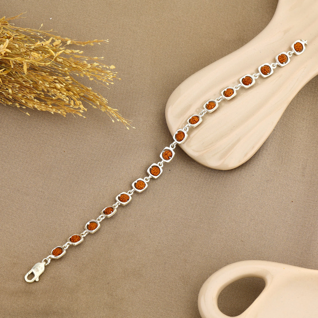 Authentic Rudraksha Silver Bracelet with Rounded Square Frames