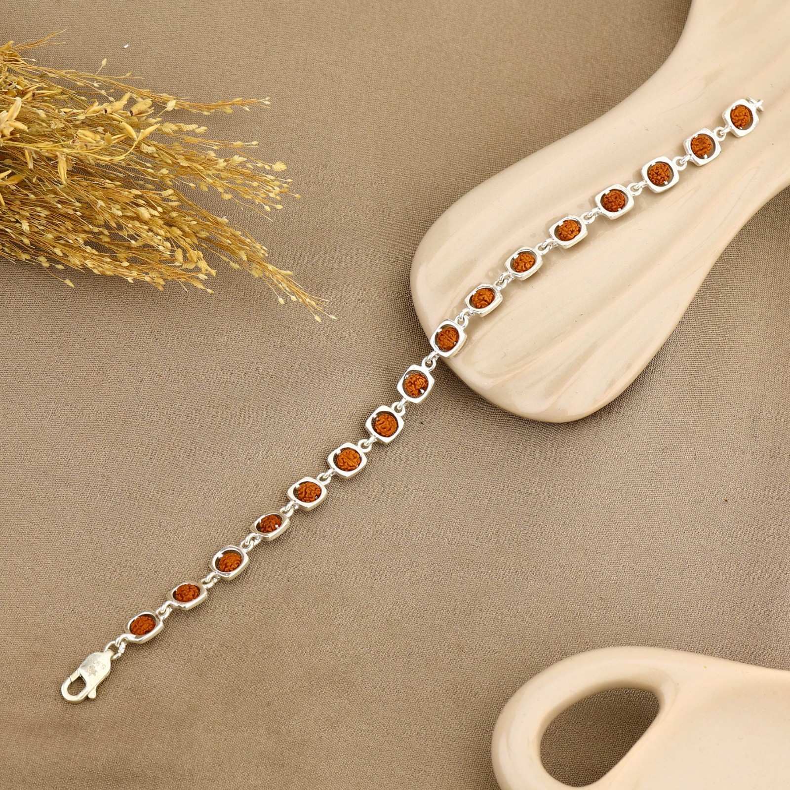 Rudraksha Silver Bracelet with Rounded Square Frames