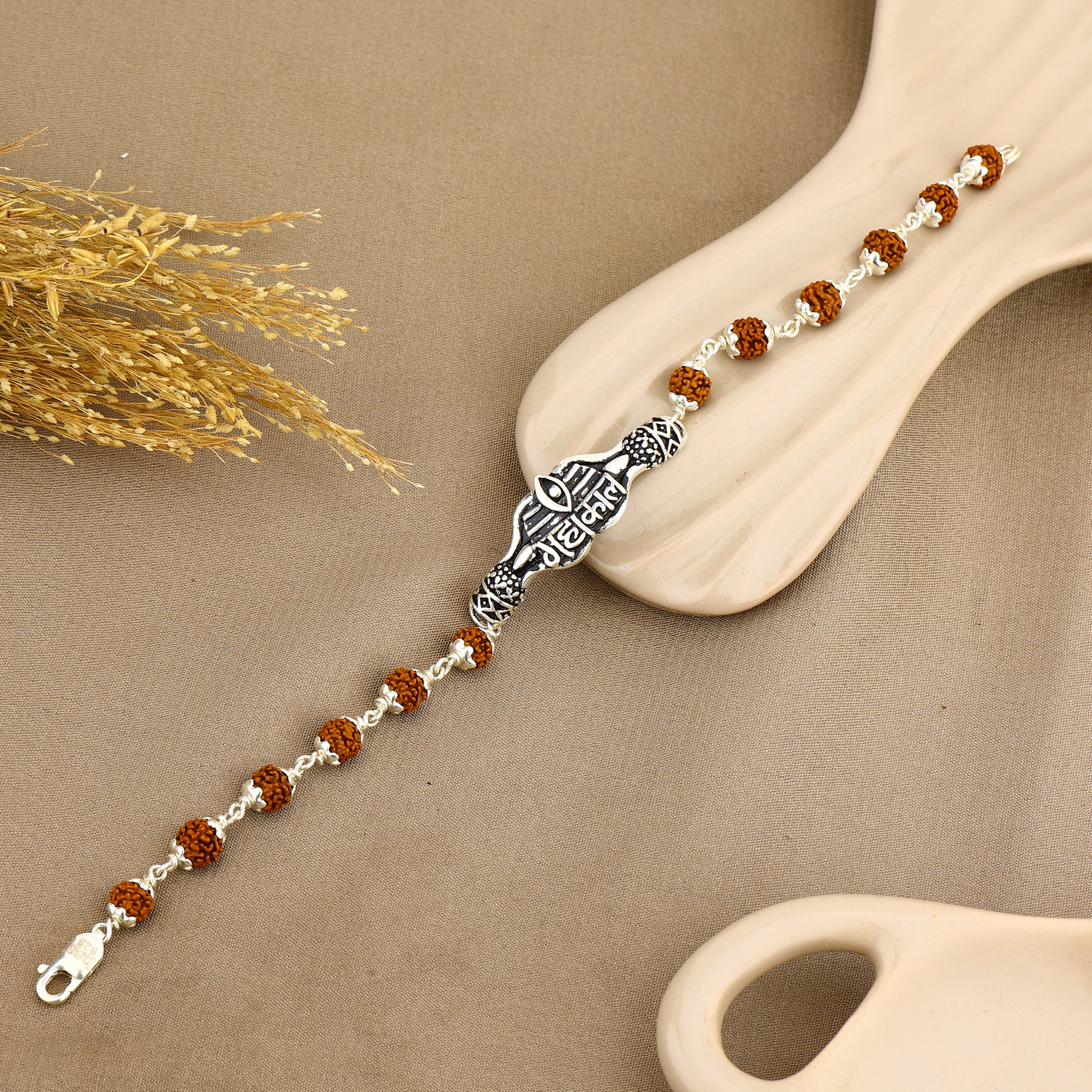 Authentic Rudraksha and Mahakal Broach Silver Bracelet