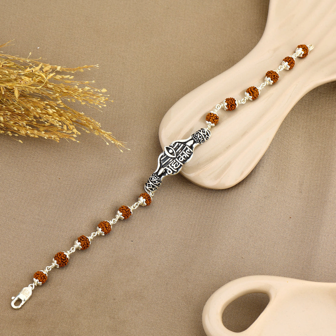 Authentic Rudraksha and Mahakal Broach Silver Bracelet