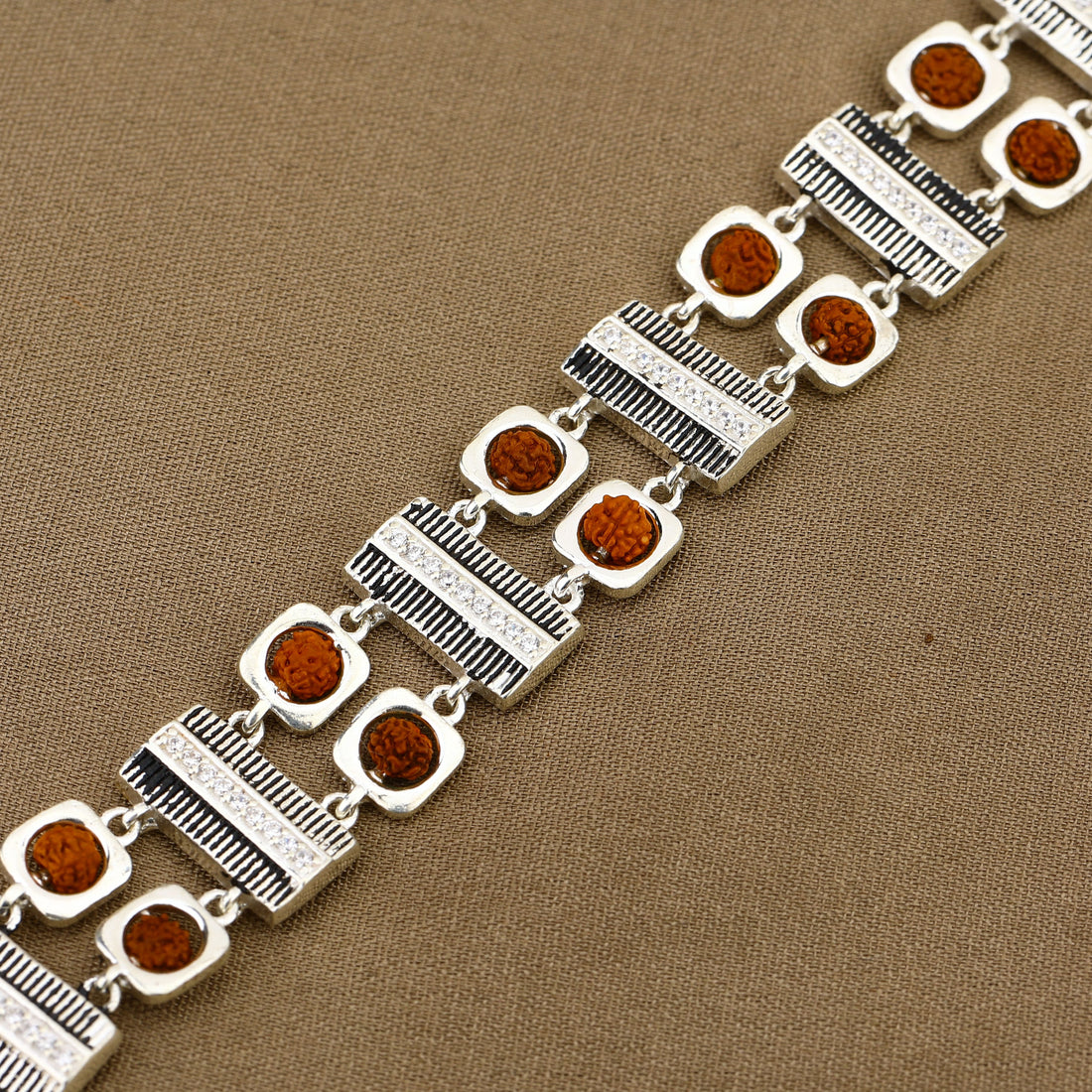 Rudraksha Silver Striped Bar and Square Bracelet