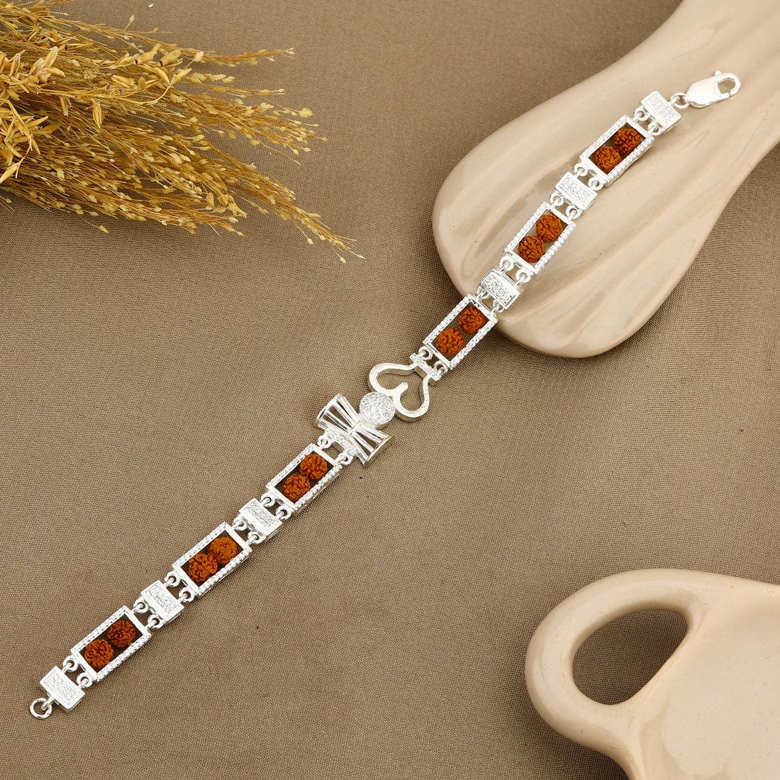 Authentic Rudraksha Silver Twin Bead Trishul Damru Bracelet