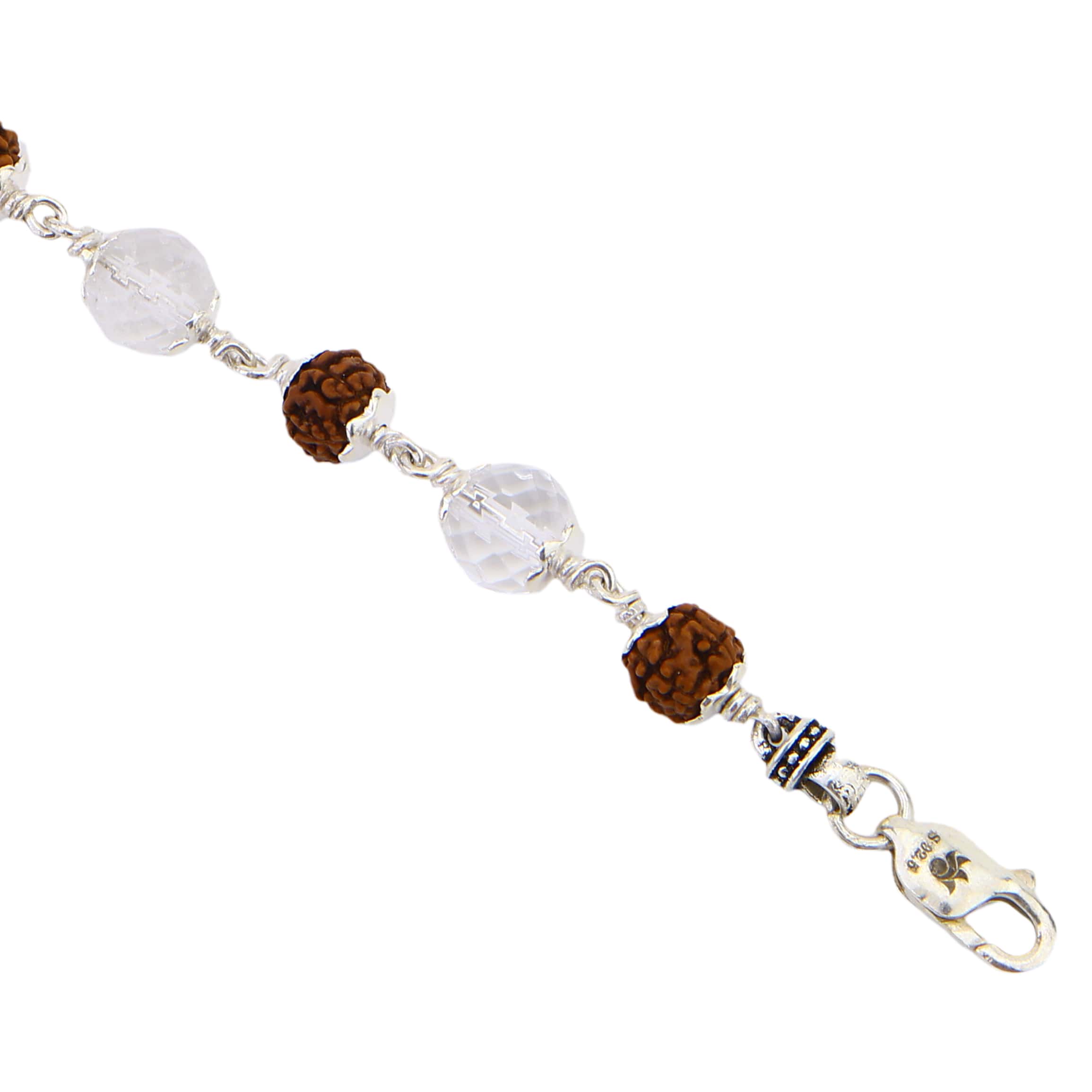 Rudraksha with Sphatik Diamond Cut Beads Silver Bracelet