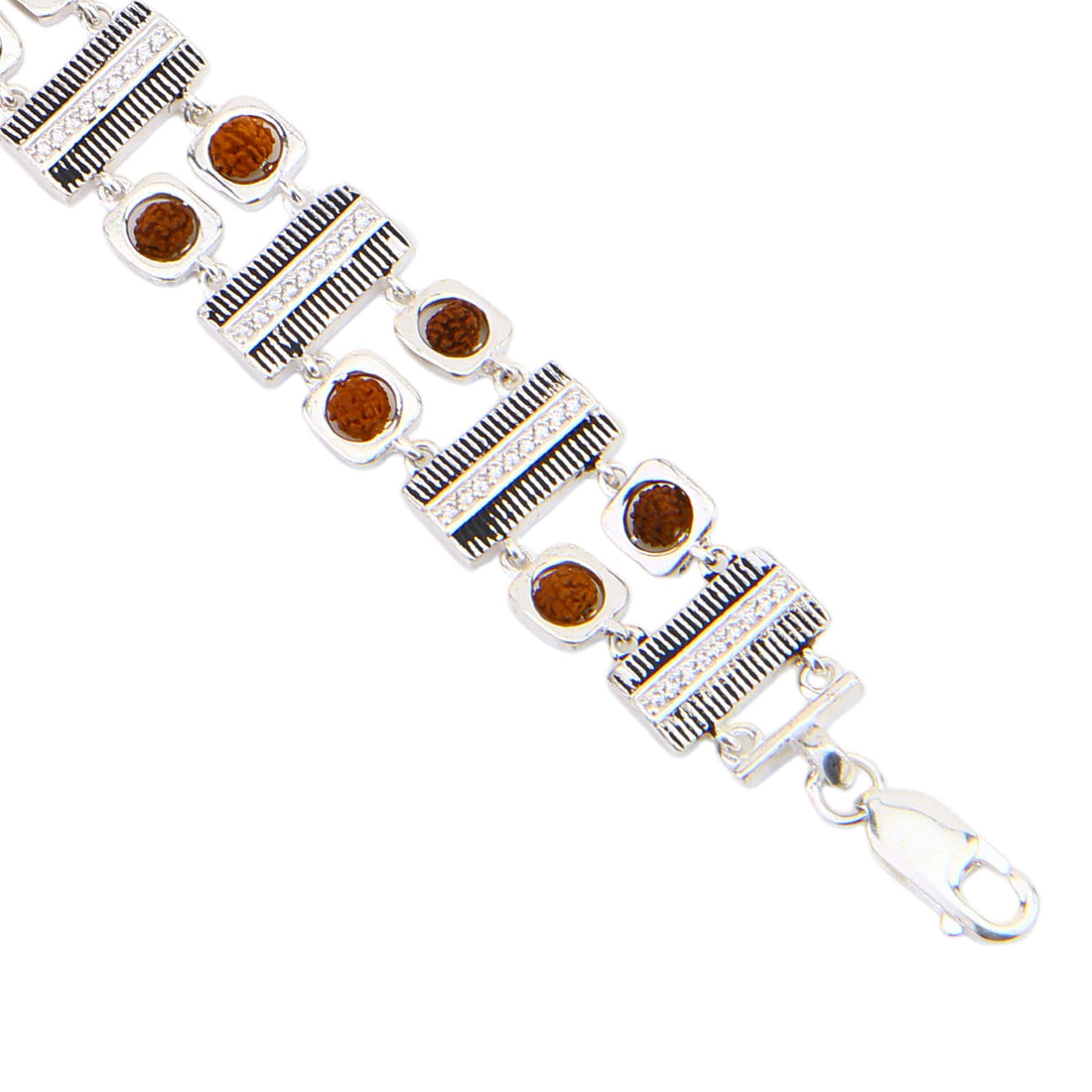 Rudraksha Silver Striped Bar and Square Bracelet