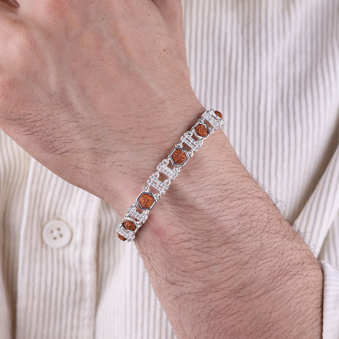 Orignal Rudraksha Silver Bracelet with Hexa Frame Double Bars