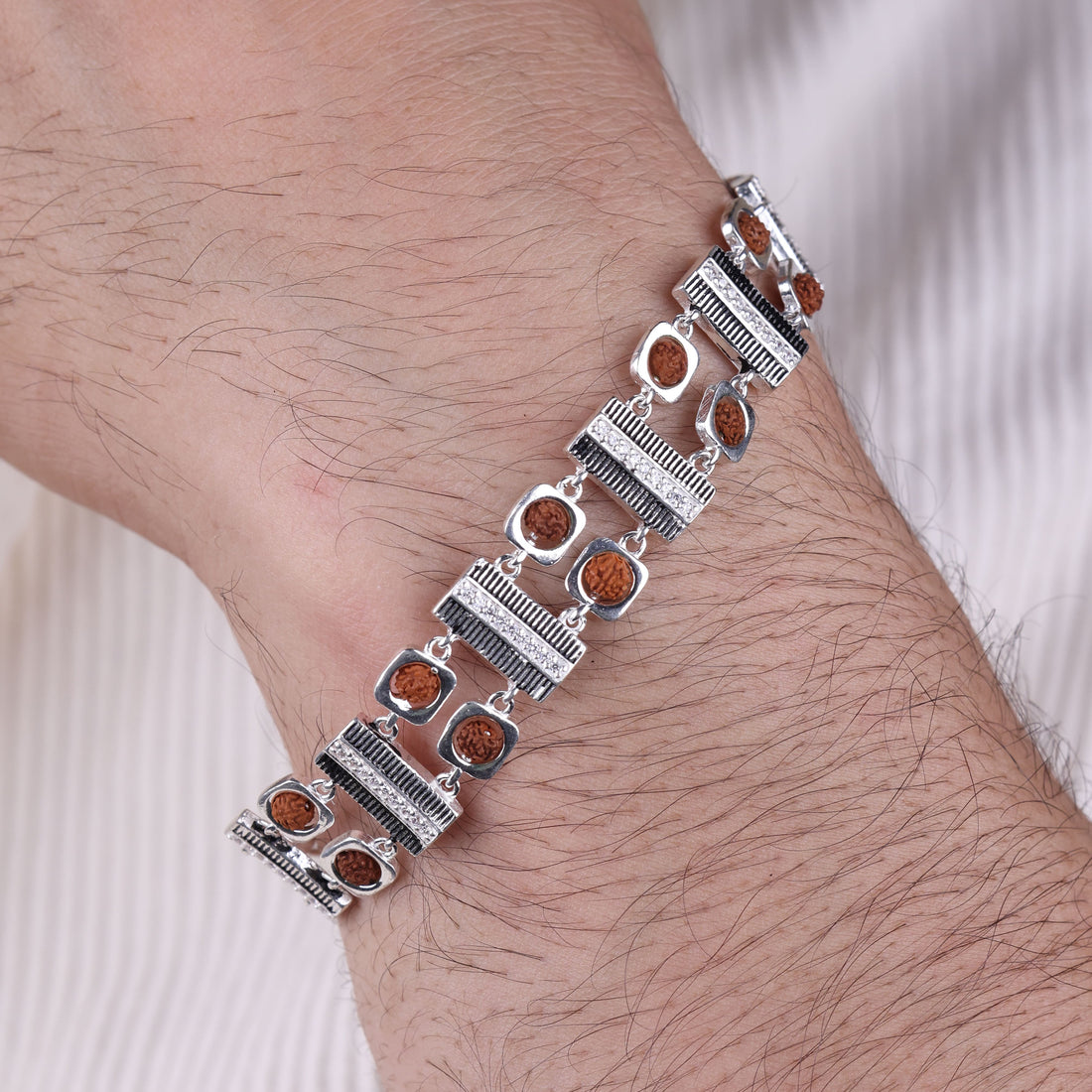 Orignal Rudraksha Silver Striped Bar and Square Bracelet