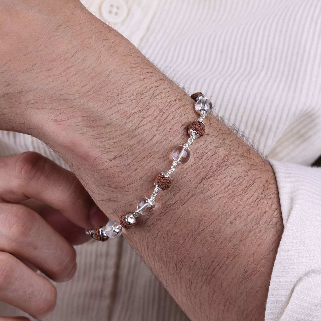Original Rudraksha with Sphatik Diamond Cut Beads Silver Bracelet