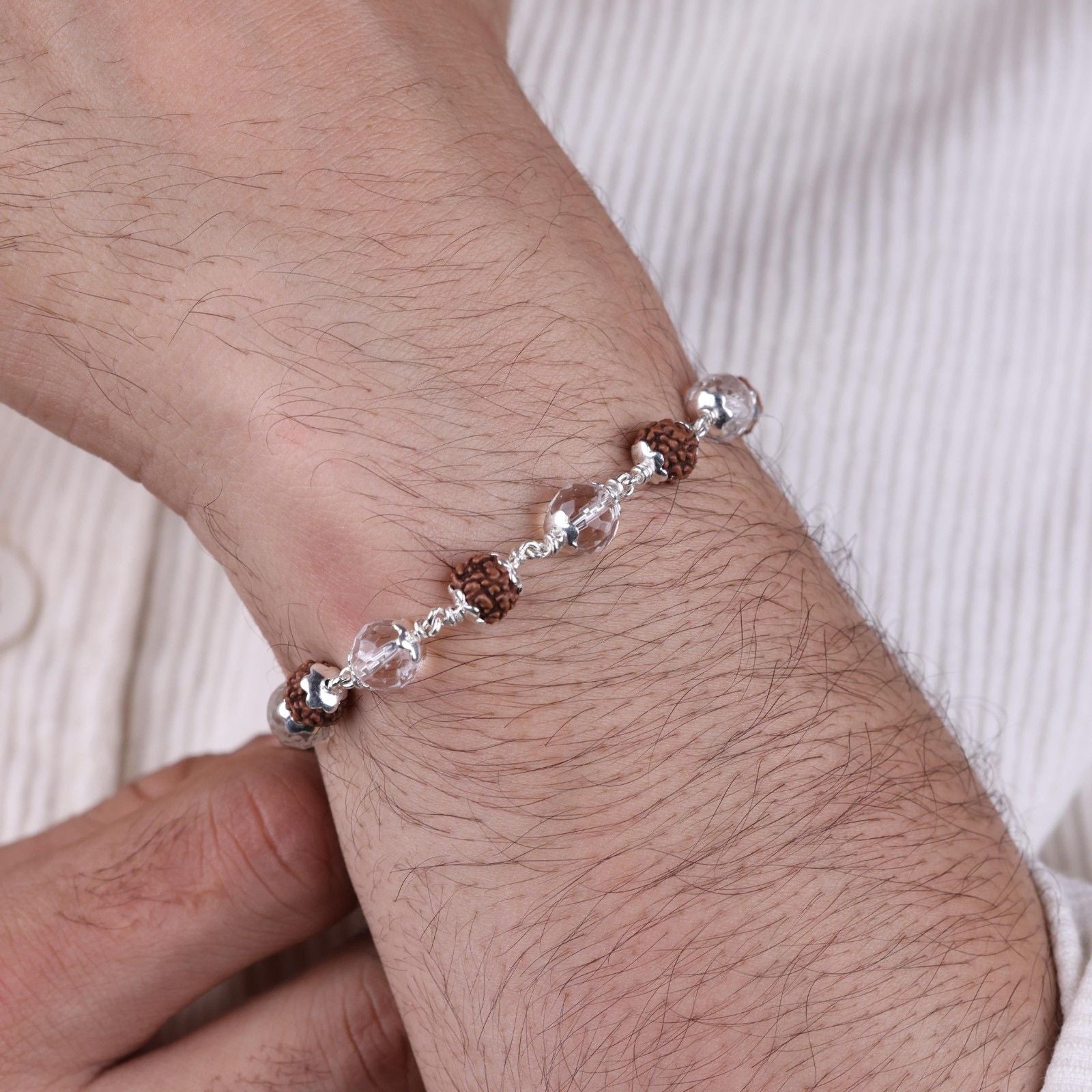 Rudraksha with Sphatik Diamond Cut Beads Silver Bracelet