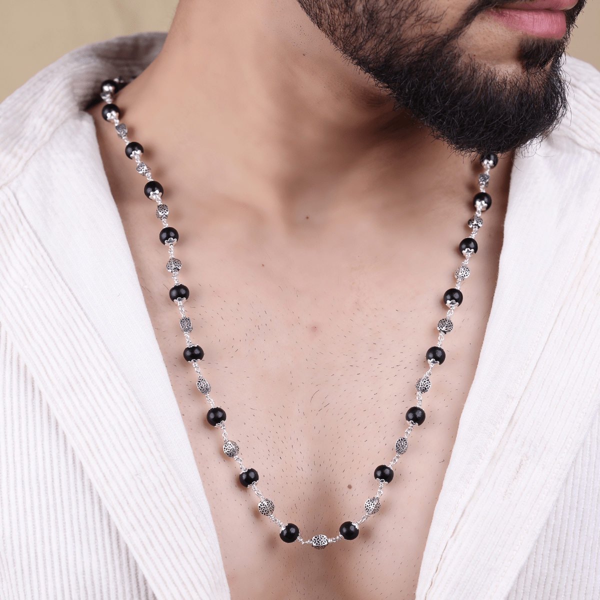 Orignal Karungali Silver Mala with Oval Beads
