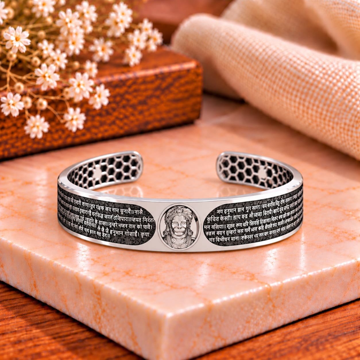 Hanuman Face with Hanuman Chalisa Silver Kada