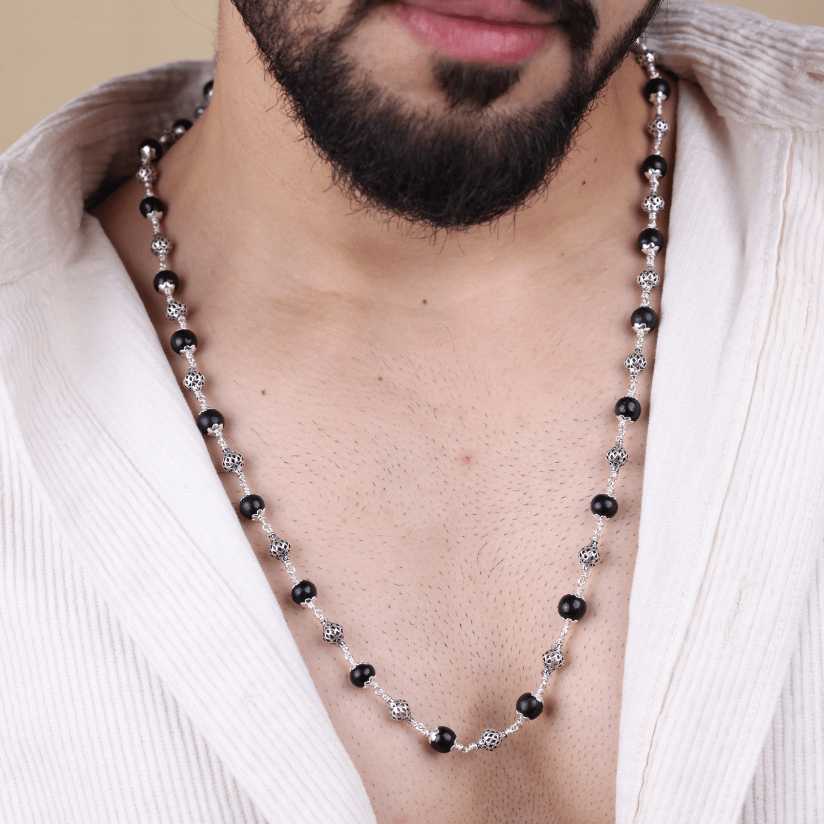 Orignal Karungali Silver Mala with Ornate Sphere Beads