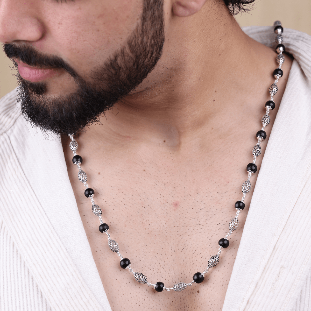 Organic Karungali Silver Mala With Perforated Oval Beads