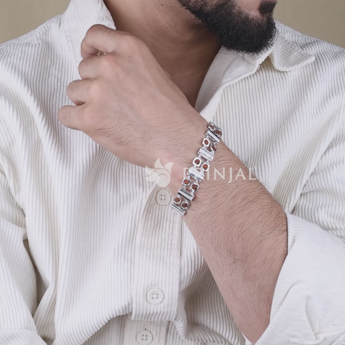 Rudraksha Silver Striped Bar and Square Bracelet