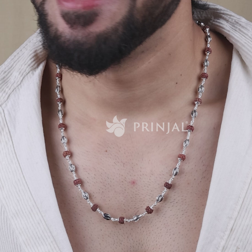 Rudraksha with Marquise Beads Silver Mala