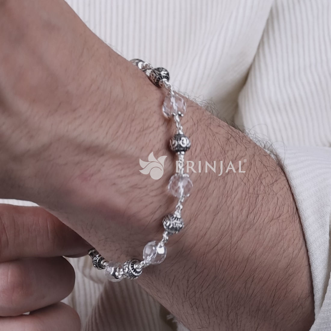 Sphatik Diamond Cut Beads With Om Silver Beads Bracelet