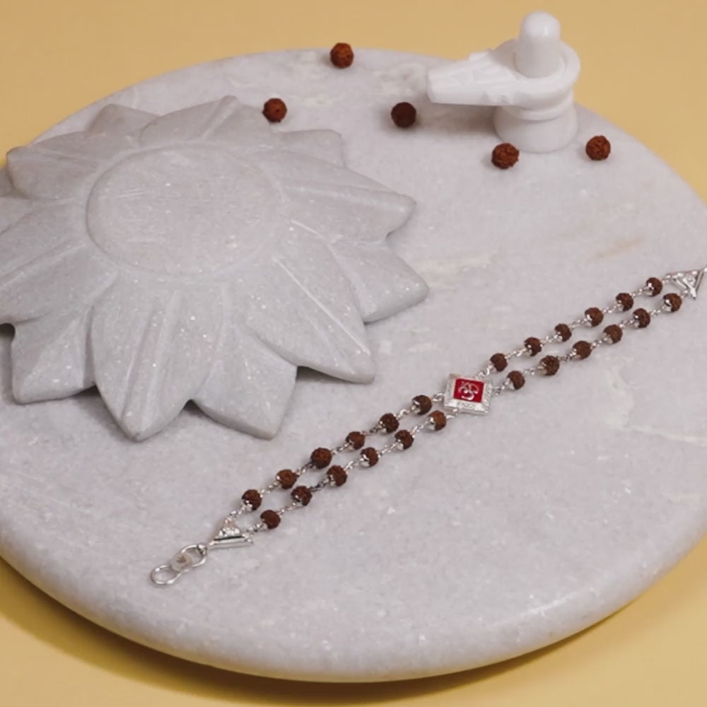 Stylish Silver Rakhi with Rudraksha and Om, Red-Colored Double Line Design