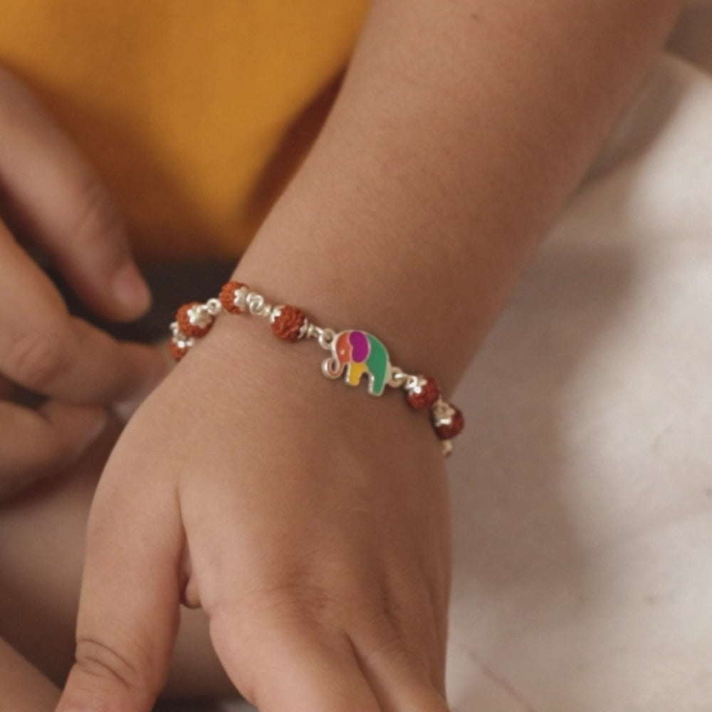 Rudraksha Silver Bracelet with Multicolor Elephant Single Line for Kids