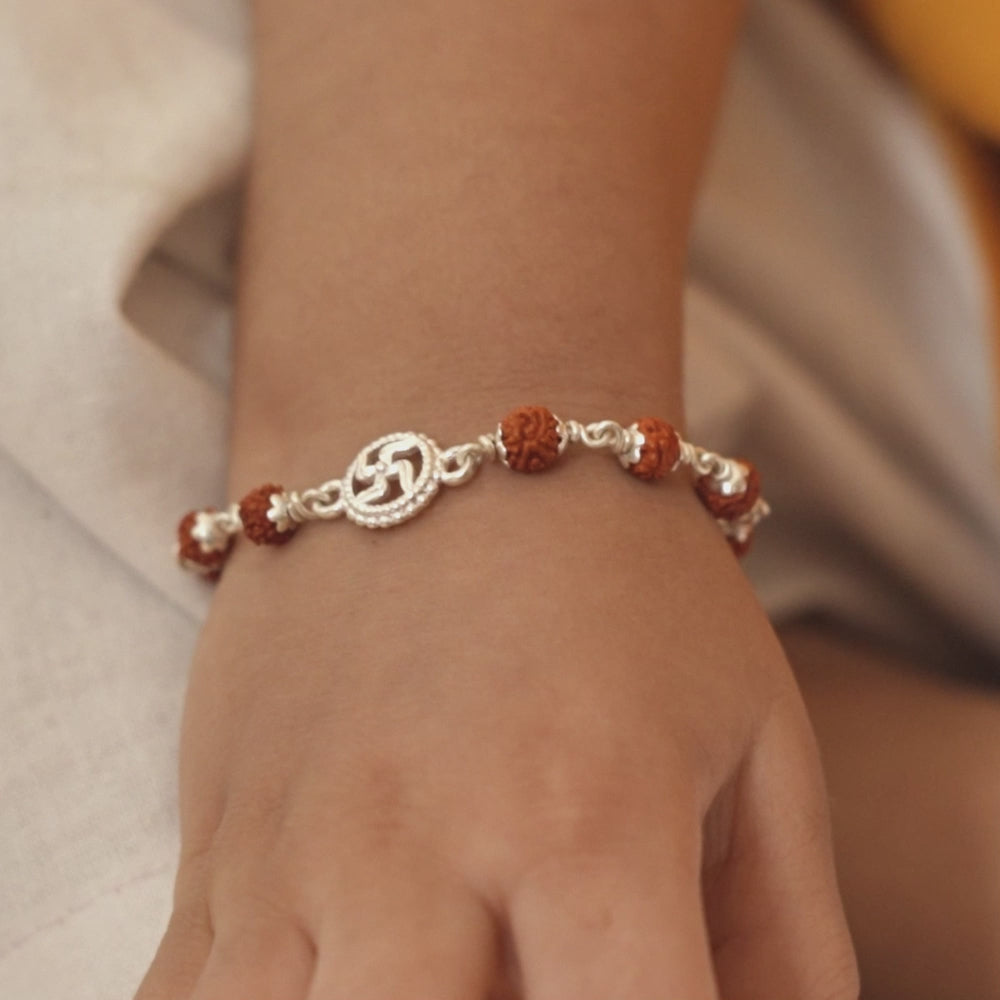 Rudraksha Silver Bracelet with Om Single Line for Kids