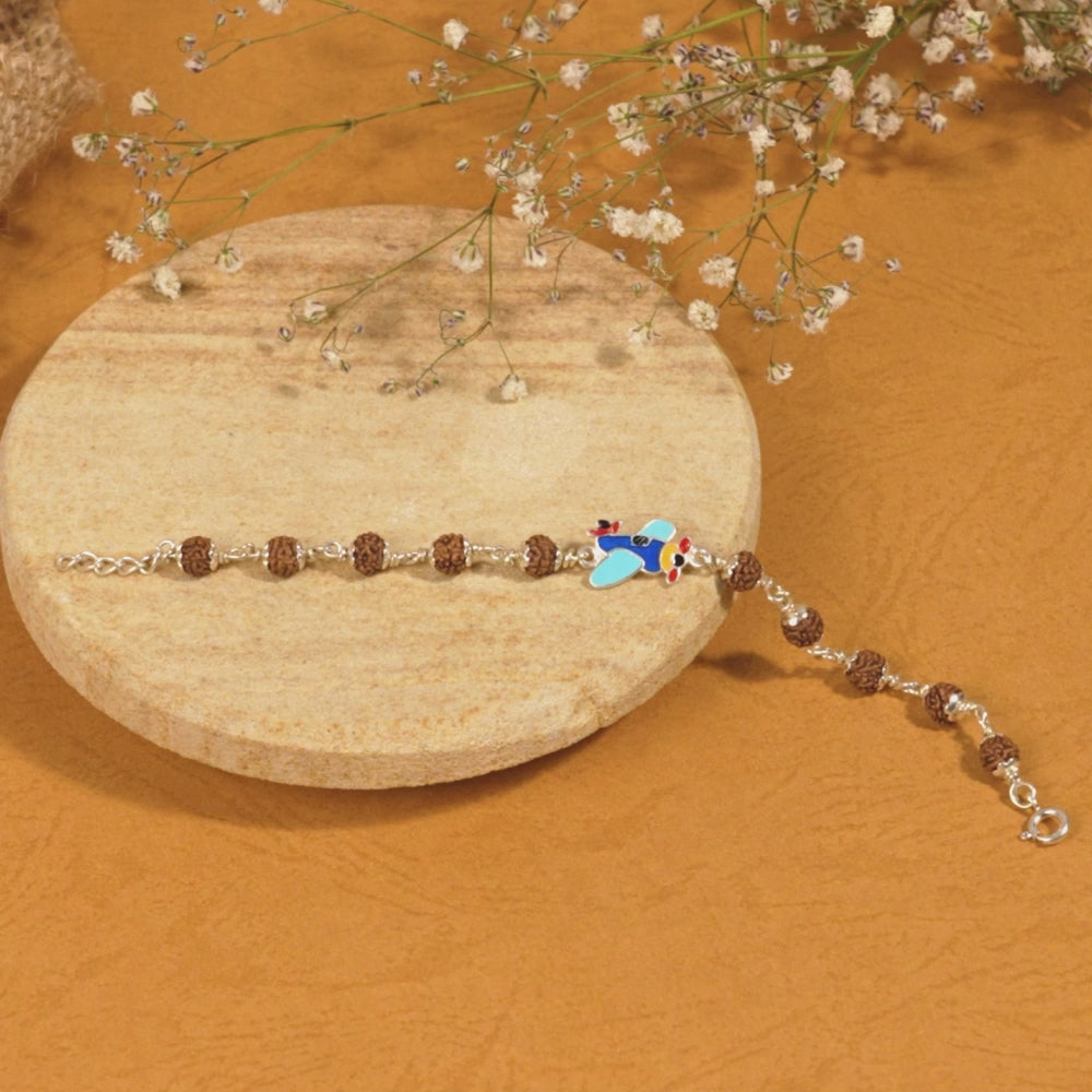 Rudraksha Silver Bracelet with Colorful Airplane Single Line for Kids