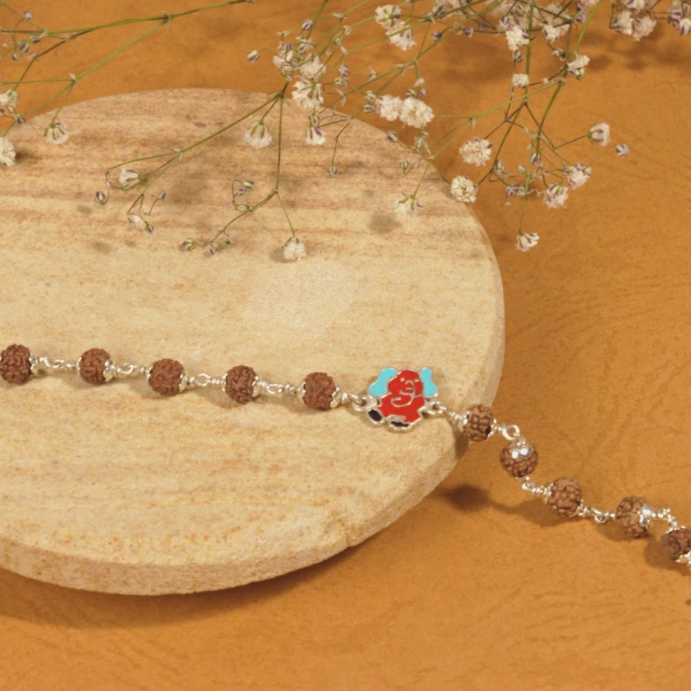 Rudraksha Silver Bracelet with Elephant Single Line for Kids