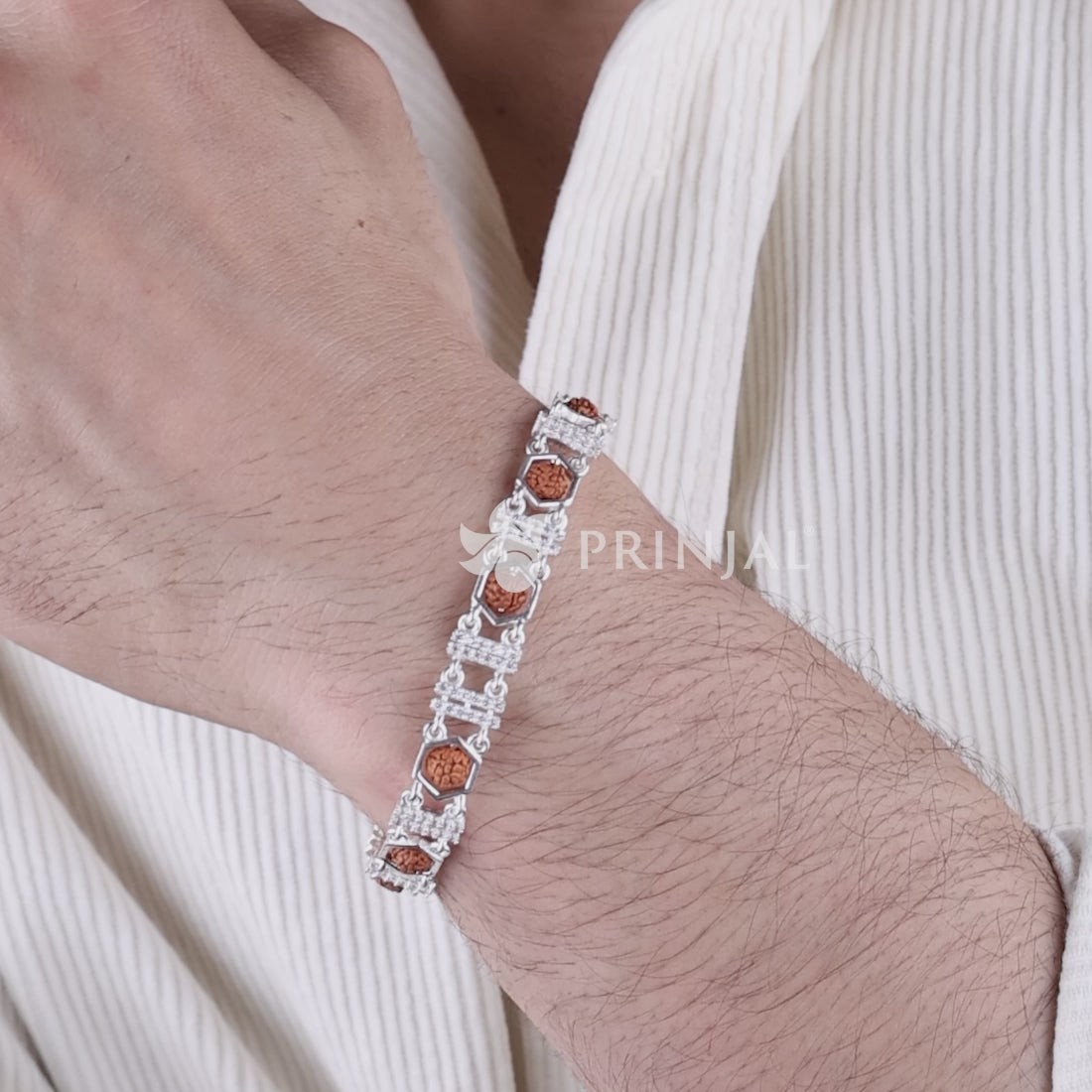 Rudraksha Silver Bracelet with Hexa Frame Double Bars