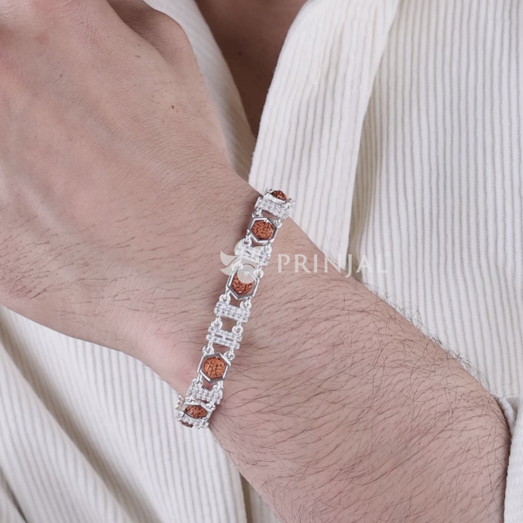 Rudraksha Silver Bracelet with Hexa Frame Double Bars