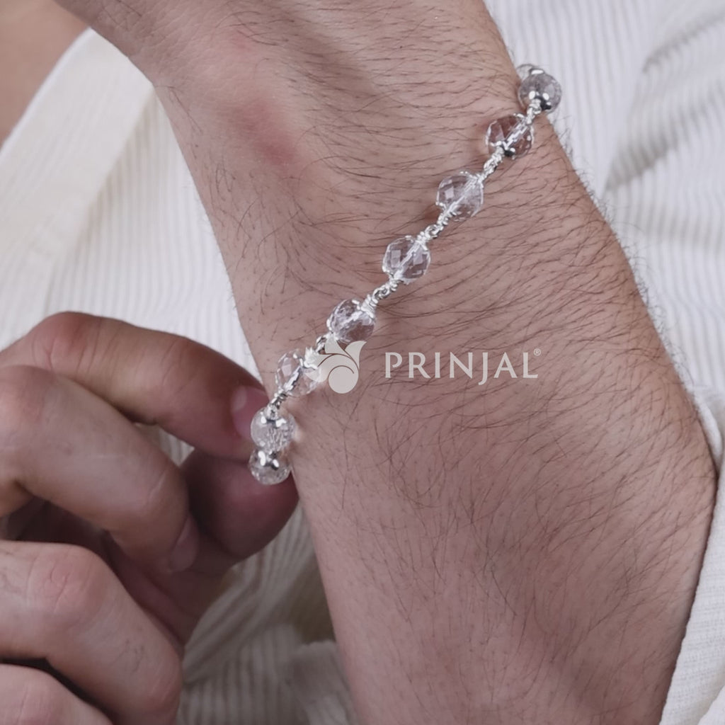 Sphatik Diamond Cut Beads Silver Bracelet