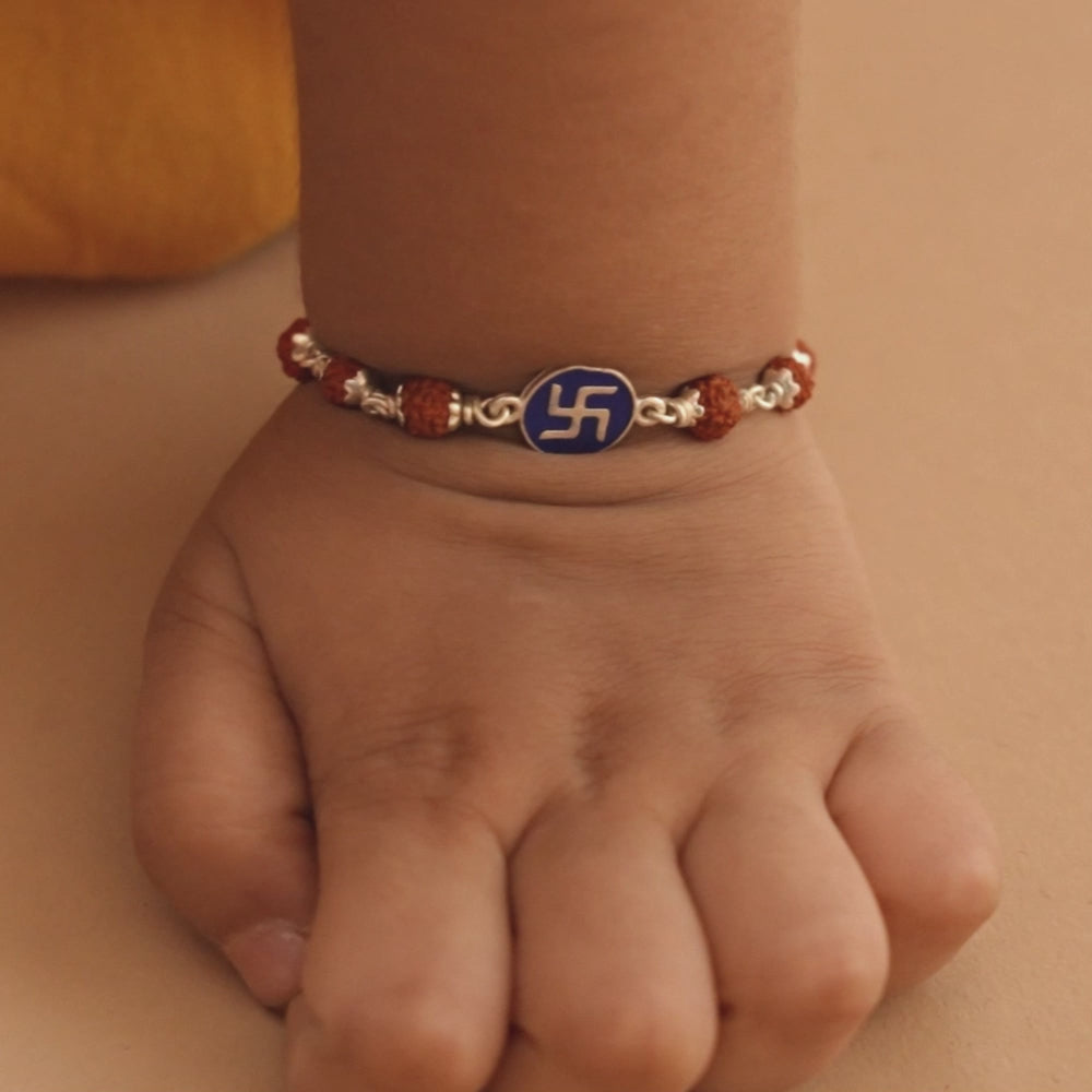 Rudraksha Silver Bracelet with Blue Swastik Single Line for Kids