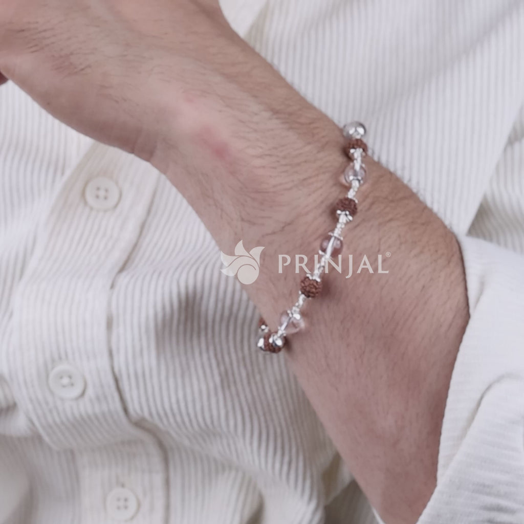 Rudraksha with Sphatik Diamond Cut Beads Silver Bracelet